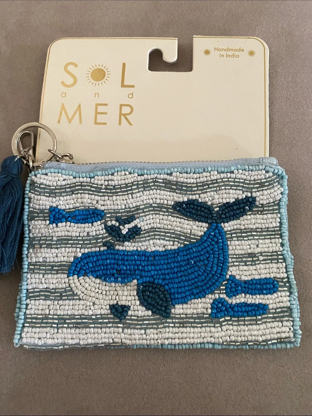 Sol & Mer Beaded Blue Whale Key & Card Holder with Tassel & palm tree charm. NWT